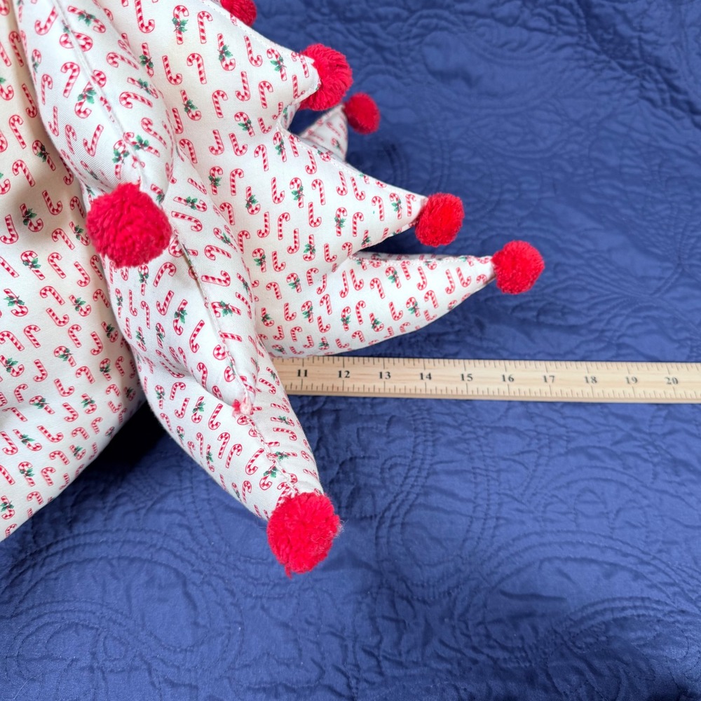 Handmade Christmas Tree Candy Cane Print Red Pom Poms Tabletop Decor 10in Read - Picture 6 of 6